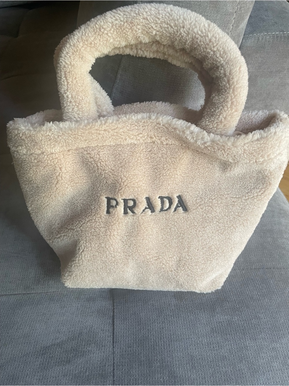 PRADA Cream Shearling Tote with Embroidered Logo
